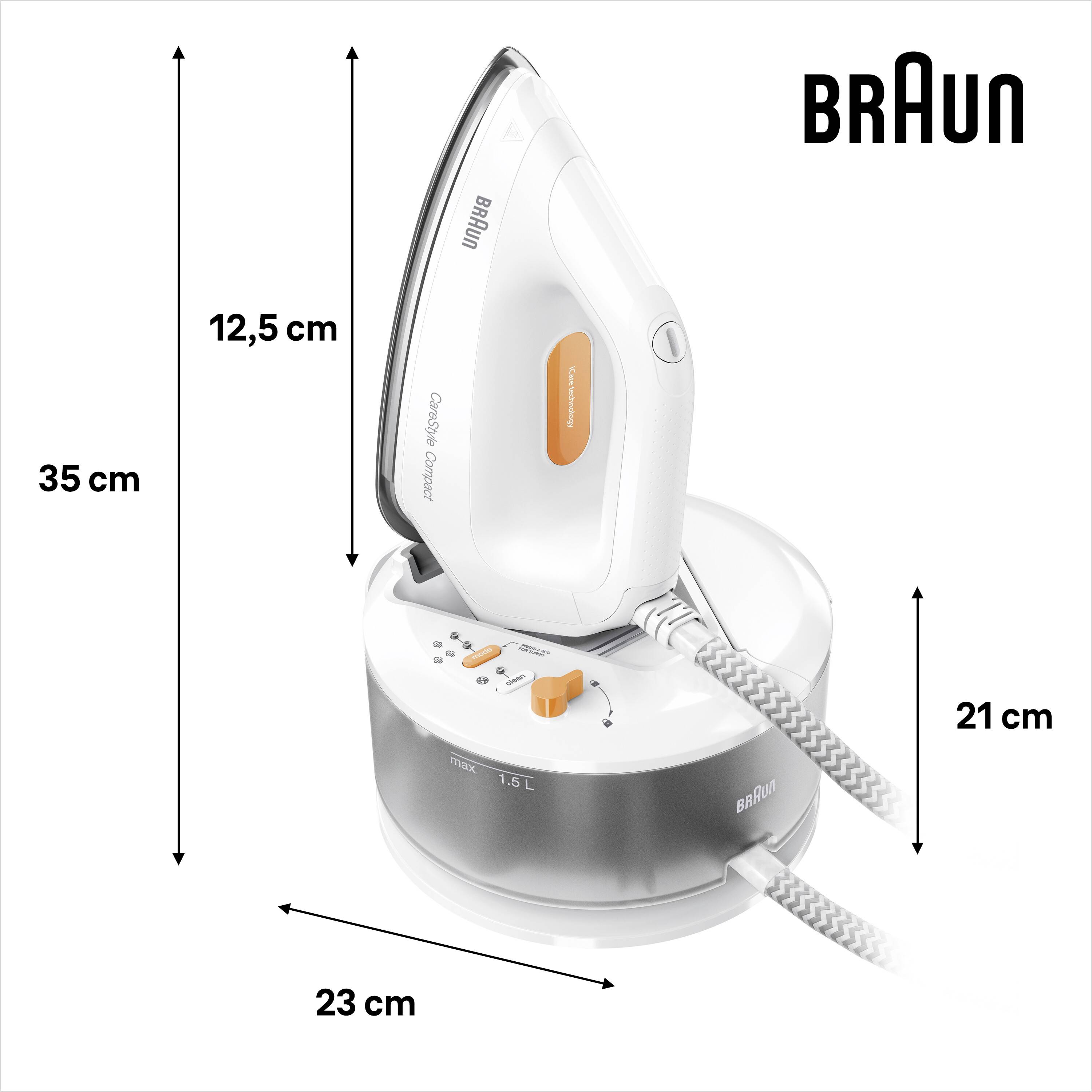 'Braun CareStyle Compact' stoomstrijkijzer met afmetingen: hoogte 35 cm, breedte 23 cm, diepte 21 cm, ontwerpkenmerken zichtbaar.