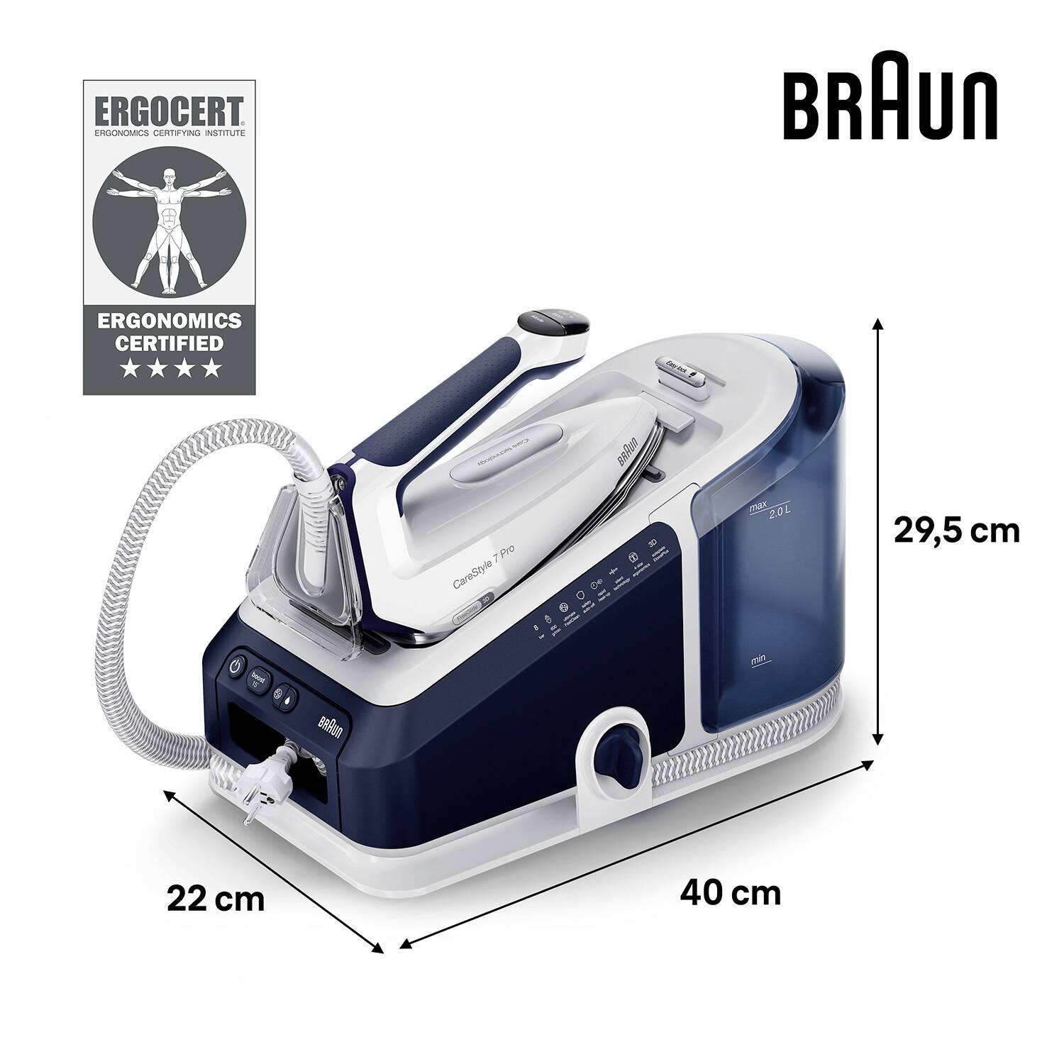 Braun CareStyle 7 Pro stoomstrijkijzer, ergonomisch gecertificeerd. Afmetingen: 29,5 cm hoogte, 22 cm breedte, 40 cm diepte.