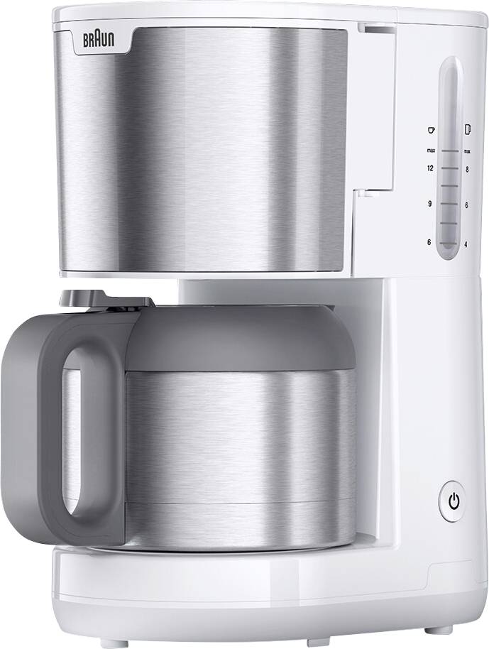 'Zilveren en witte koffiezetapparaat met een kan, voorzien van een waterstandsindicator aan de zijkant.'