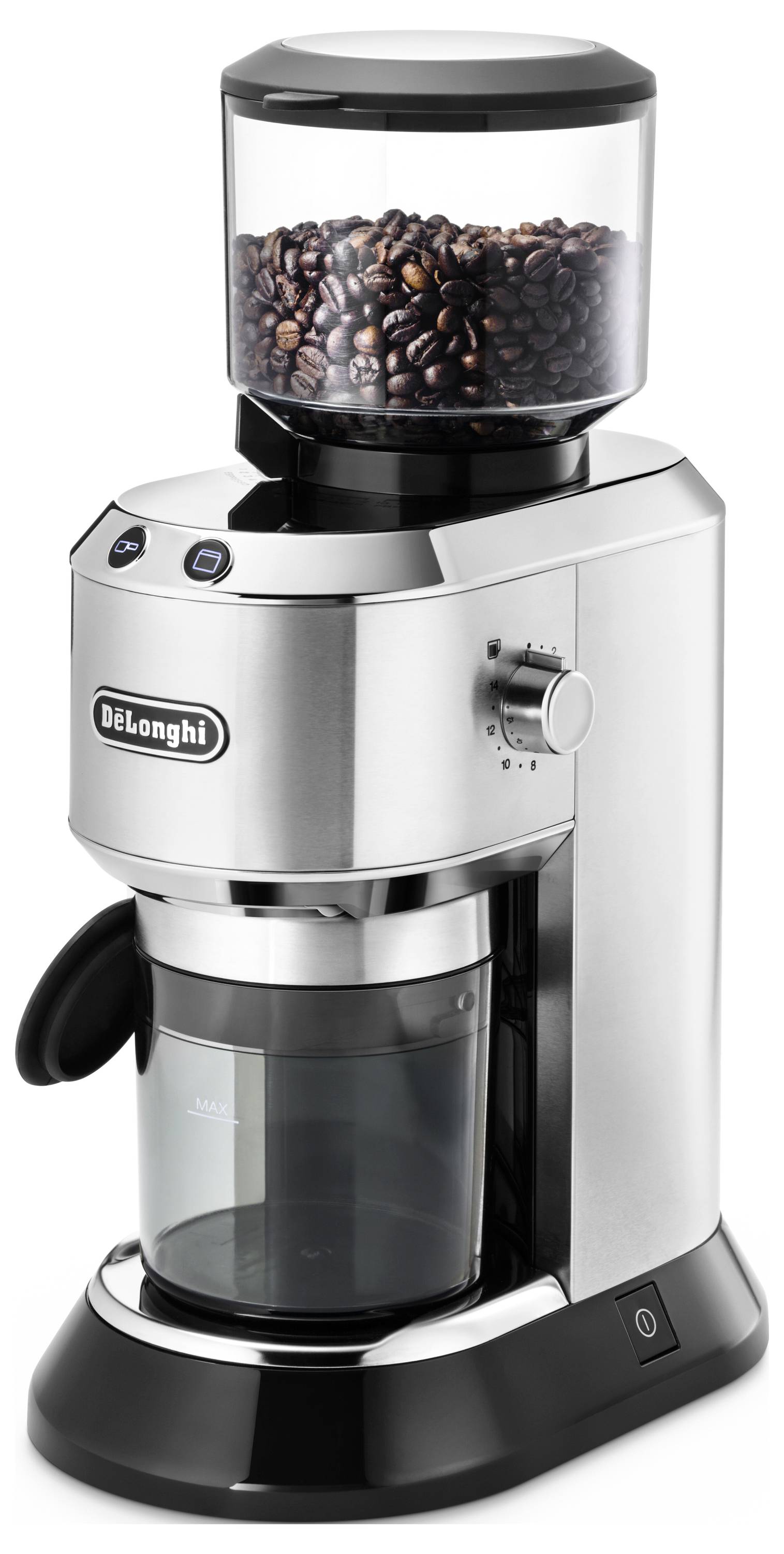 Een zilverkleurige en zwarte koffiemolen met een transparante container bovenop die koffiebonen bevat, een bedieningsknop, en een opvangkamer voor gemalen koffie eronder.