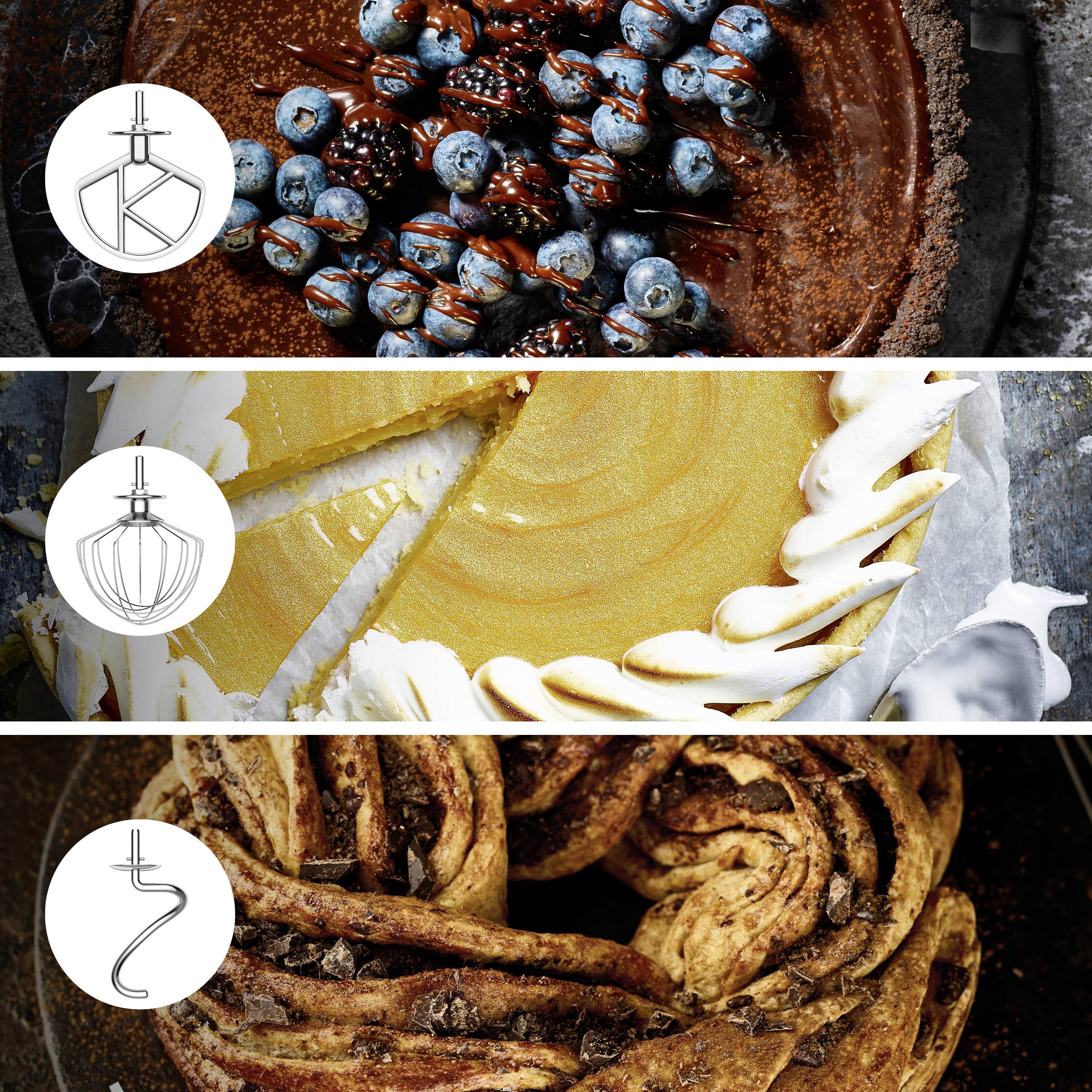 Een collage van drie desserts: een chocoladetaart met bessen, een plak citroenschuimtaart en een gevlochten kaneelbrood met chocolade.