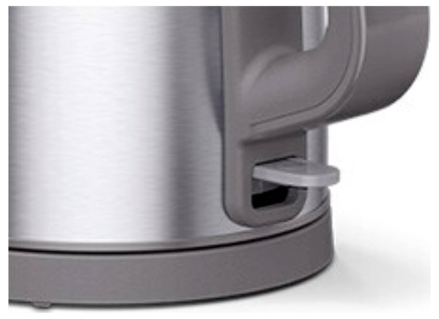 Een close-up van een metalen waterkokervoet met een grijze handgreep en een klein hendeltje, waarschijnlijk om de deksel te openen of een functie te bedienen.