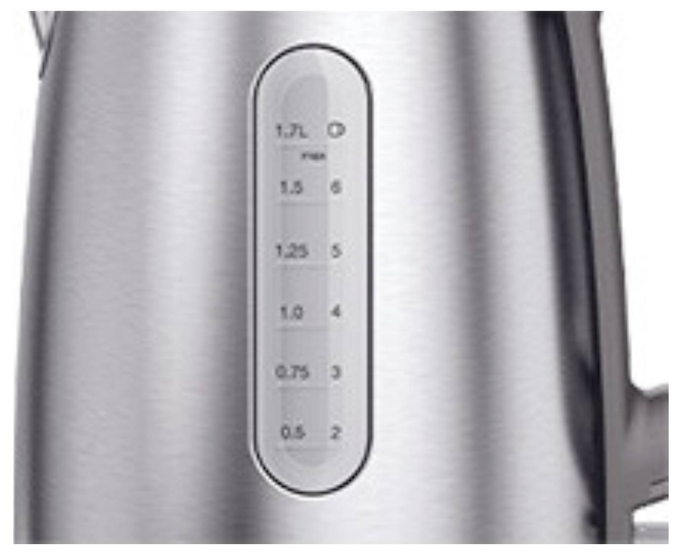 Een close-up van een roestvrijstalen waterkoker met een waterpeilmeter die metingen toont van 0,5L tot 1,7L.