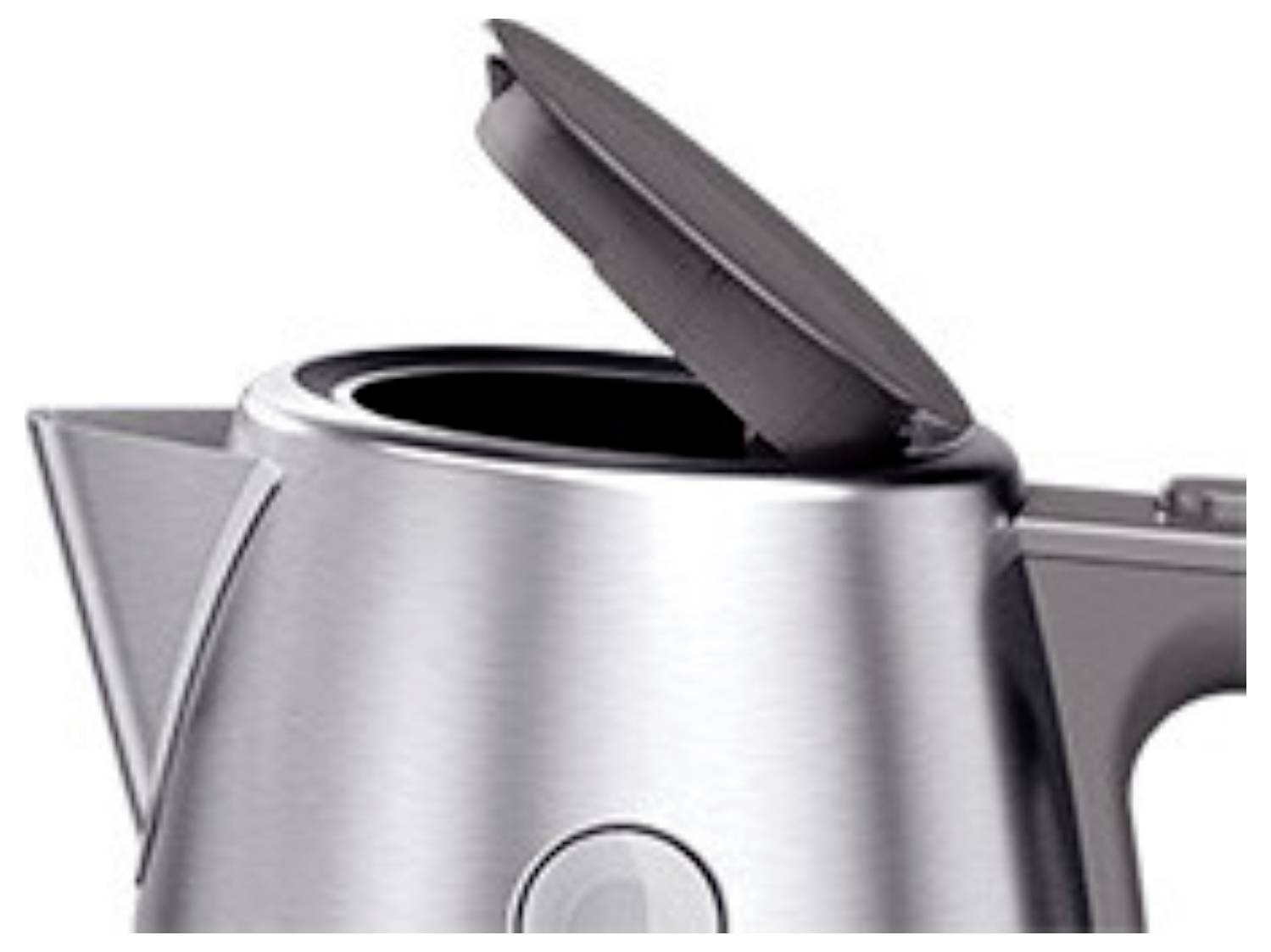 Een roestvrij stalen elektrische waterkoker met een open deksel, waarbij de tuit en het handvat zichtbaar zijn. Het ontwerp is modern en strak.