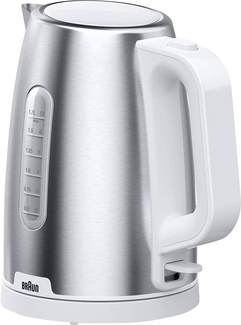 Zilveren elektrische waterkoker met een witte handgreep en een waterpeilmeter, met markeringen van 0,3 tot 1,7 liter.