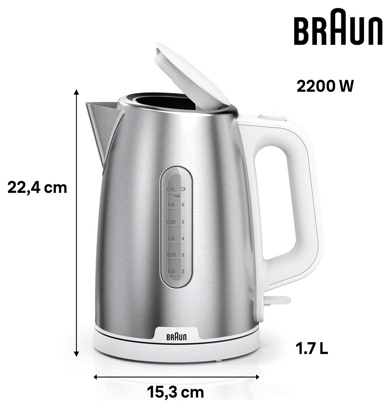 'Braun' roestvrijstalen elektrische waterkoker met deksel open, inhoud 1,7 liter, vermogen 2200 watt, hoogte 22,4 cm, breedte 15,3 cm.