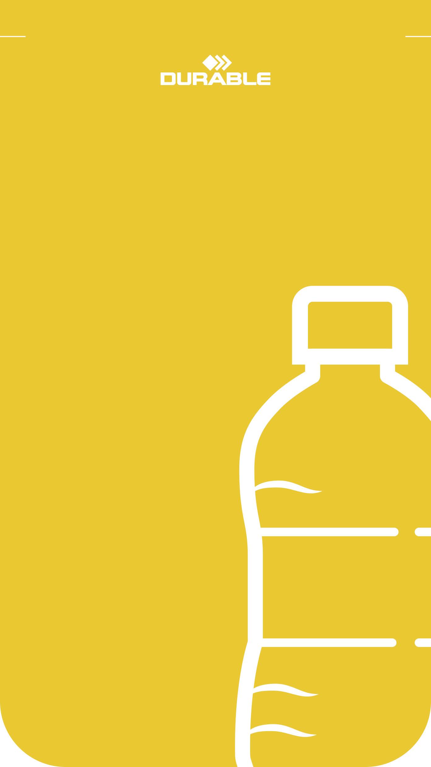 Gele achtergrond met een minimalistisch overzicht van een plastic fles aan de rechterkant. 'Duurzaam' logo bovenaan.