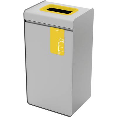 Een grijze recyclingbak met een gele opening en een flessensymbool, wat aangeeft dat deze bestemd is voor het weggooien van plastic afval.