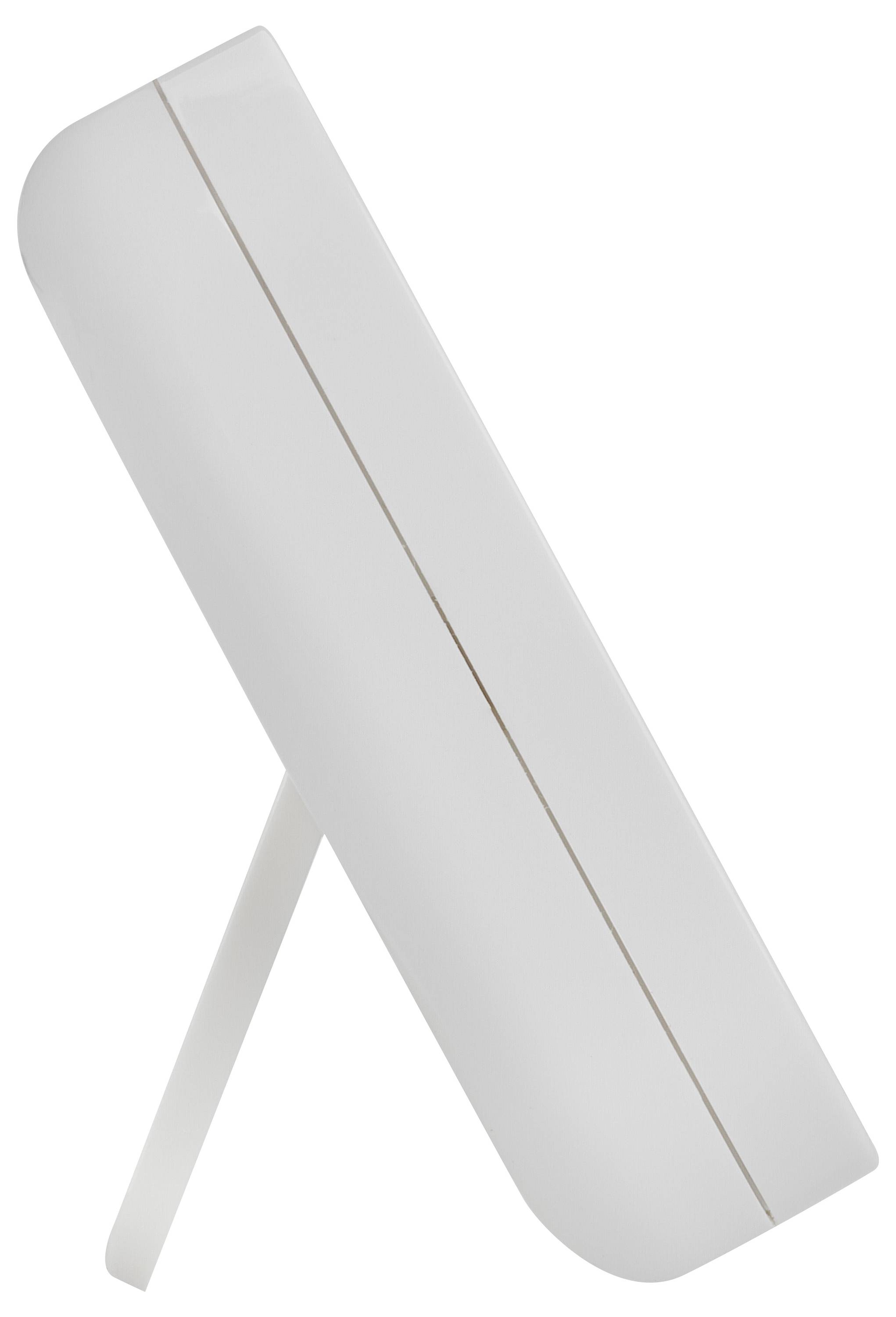 Een digitale fotolijst met een minimalistisch design, zijaanzicht met bijbehorende steun.