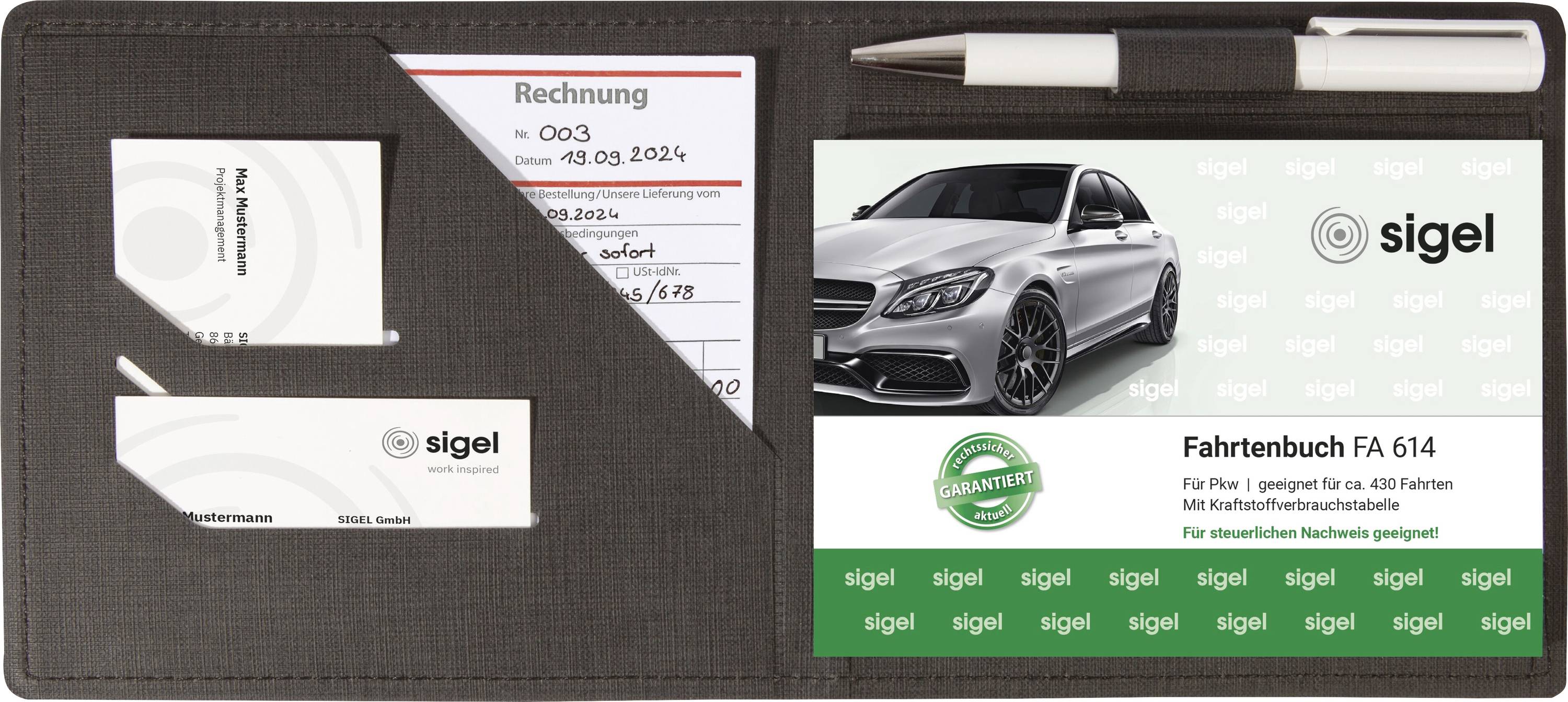 Pennenkoker met een pen, witte accessoires en twee Sigel factuur-/logboekproducten, waarvan één met een auto en de tekst 'Fahrtenbuch FA 614'.