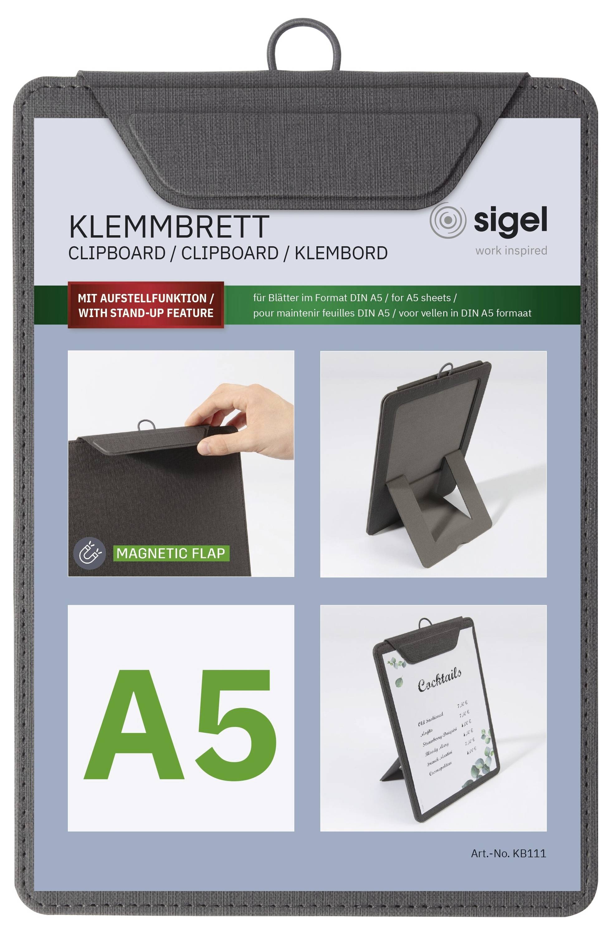 Sigel Klemmbrett klembord met magnetische flap en standaard functie voor A5-documenten, weergegeven op de verpakking.