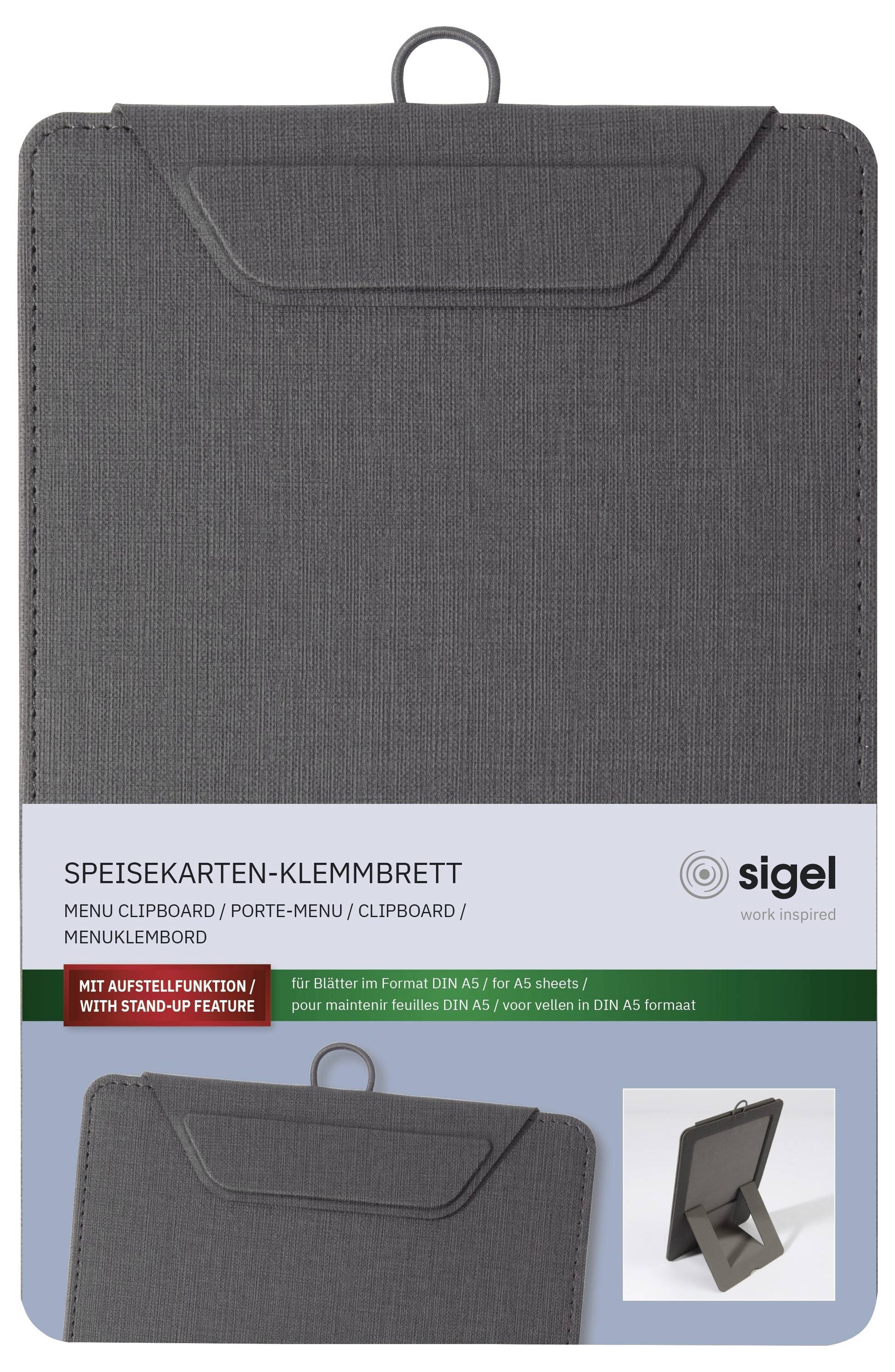 Grijze klembordportfolio omslag gelabeld 'SPIESEKARTEN-KLEMMBRETT' van Sigel, met productfoto en klein inzetfoto dat eraan toont hoe het wordt gevouwen tot een standaard.