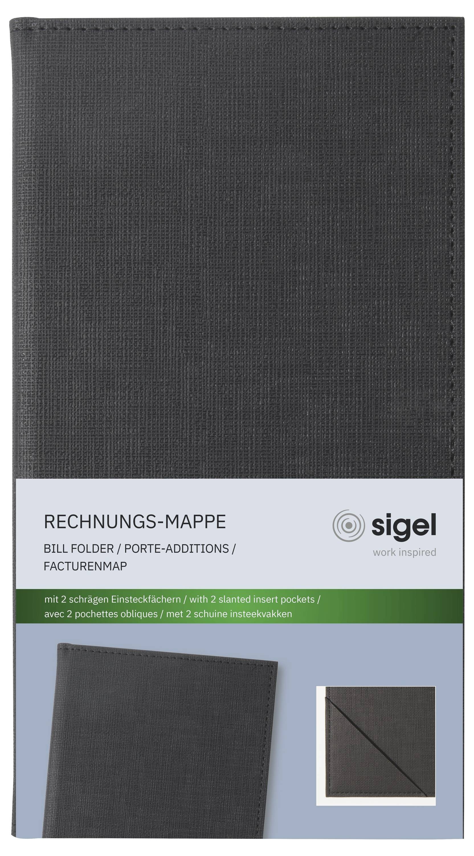 Zwarte Sigel-rekenmappenmap met 'RECHNUNGS-MAPPE'-label en illustraties voor mappenopvouwen op een lichtblauw pakket.