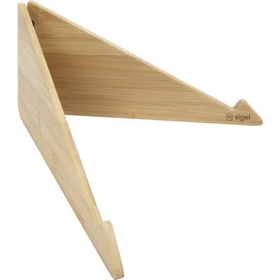 Een houten tabletstandaard ontworpen met een driehoekige vorm en groeven om een apparaat rechtop te houden.
