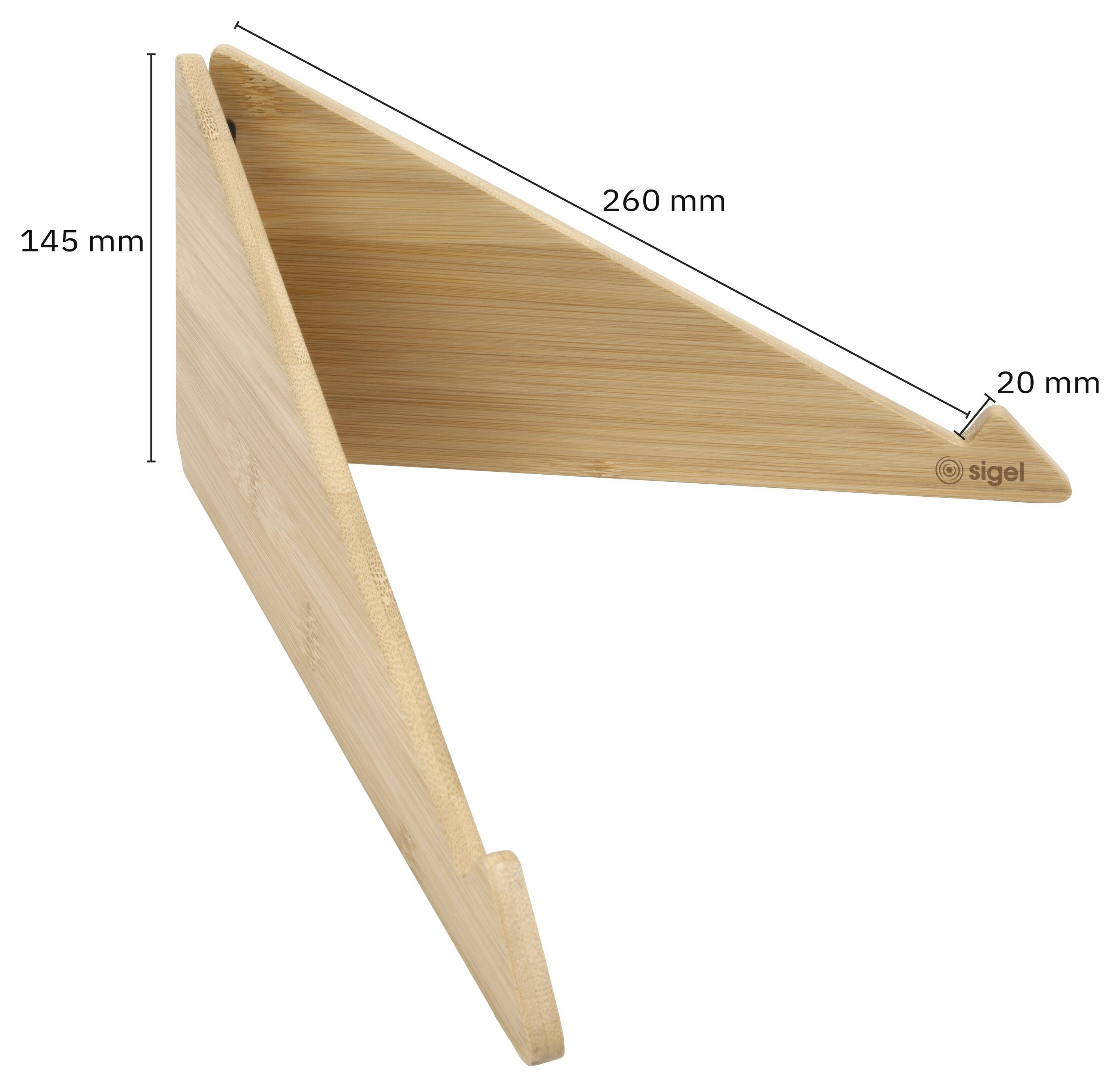Houten opvouwbare wandplankdrager weergegeven in opengestelde positie, met aangegeven afmetingen van 145 mm hoog, 260 mm lang en 20 mm breed.