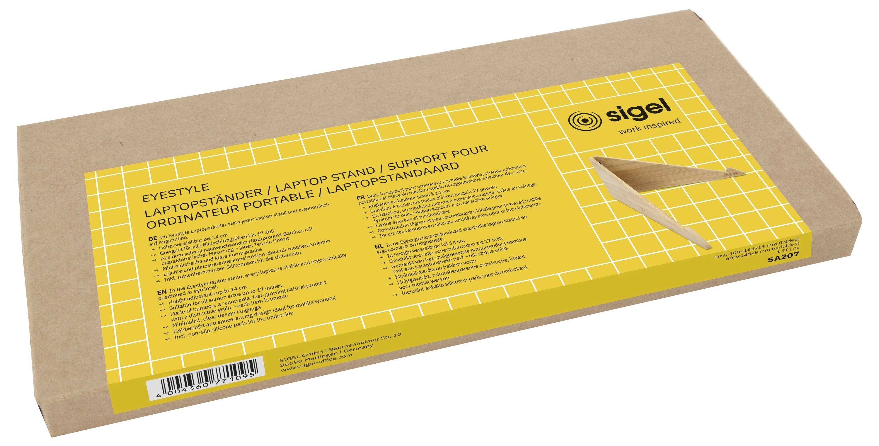 Kartonnen productdoos met het label 'sigel' voor een 'Eyestyle' laptopstandaard/steun, weergegeven op een witte achtergrond.