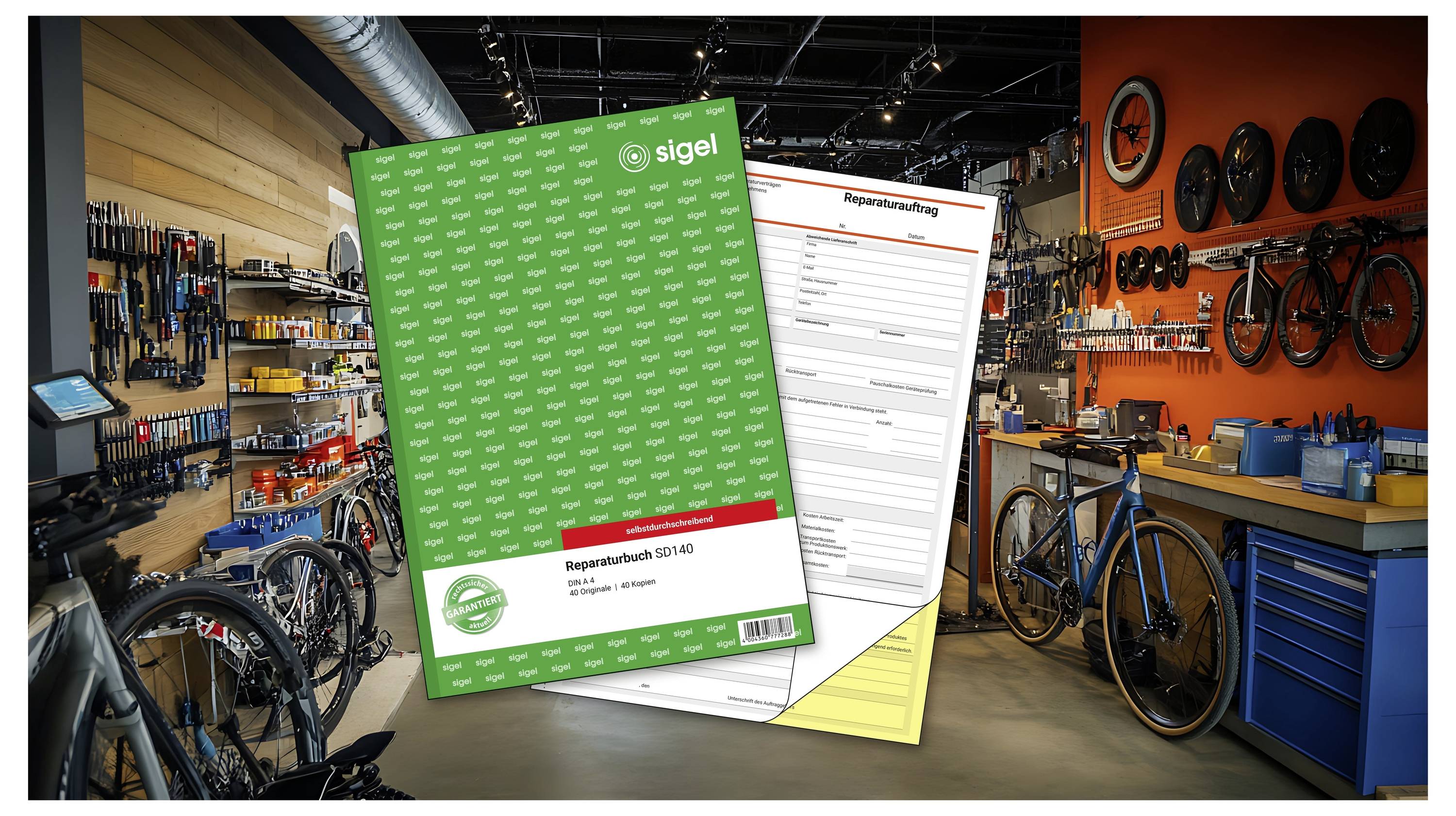 Reparatieformulieren voor 'sigel' weergegeven in een fietsenwerkplaats, met fietsen, gereedschap en werkbanken op de achtergrond.
