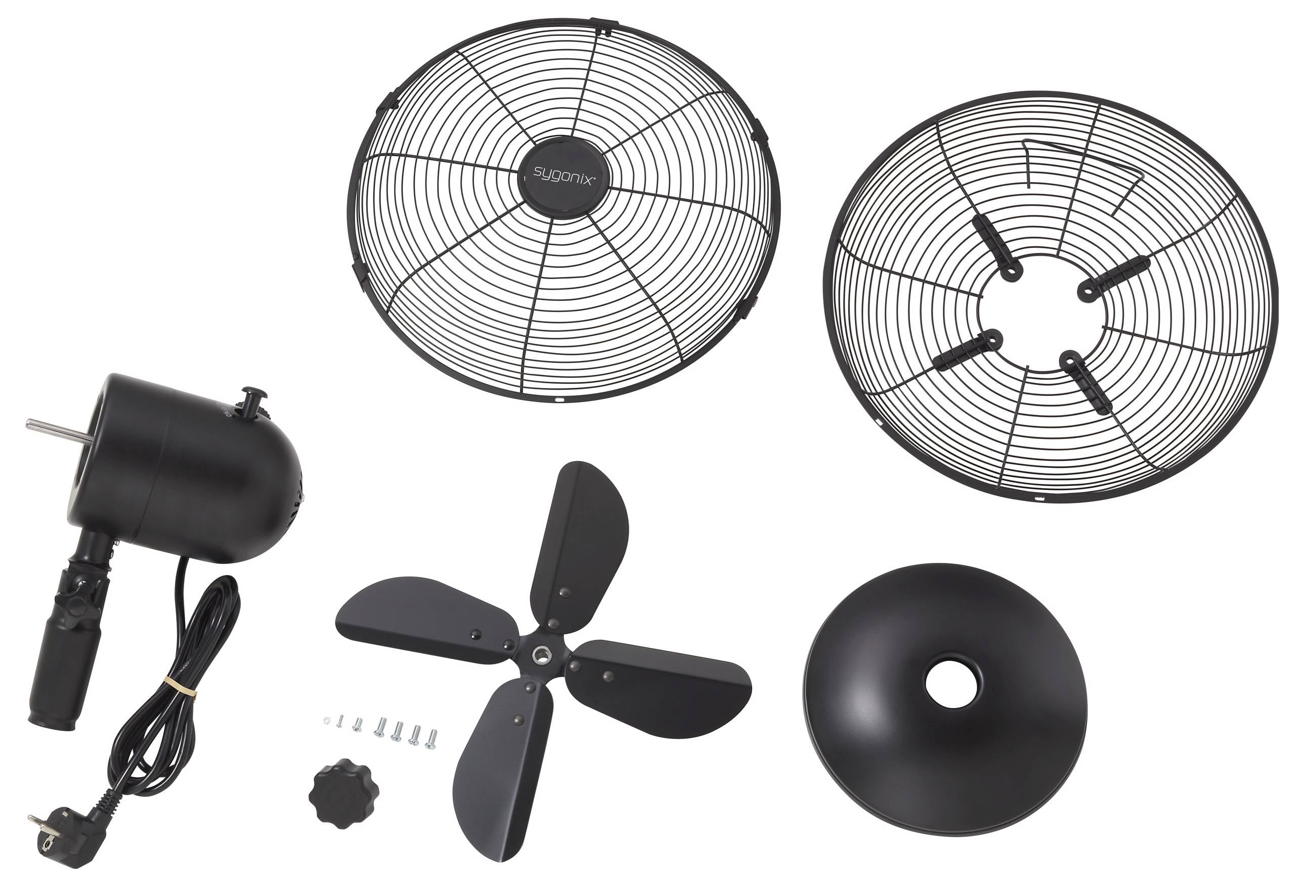 Gedemonteerde onderdelen van een zwarte ventilator, bestaande uit een motor, vier ventilatiebladen, twee beschermende roosters, schroeven en een knop, gerangschikt op een effen achtergrond.