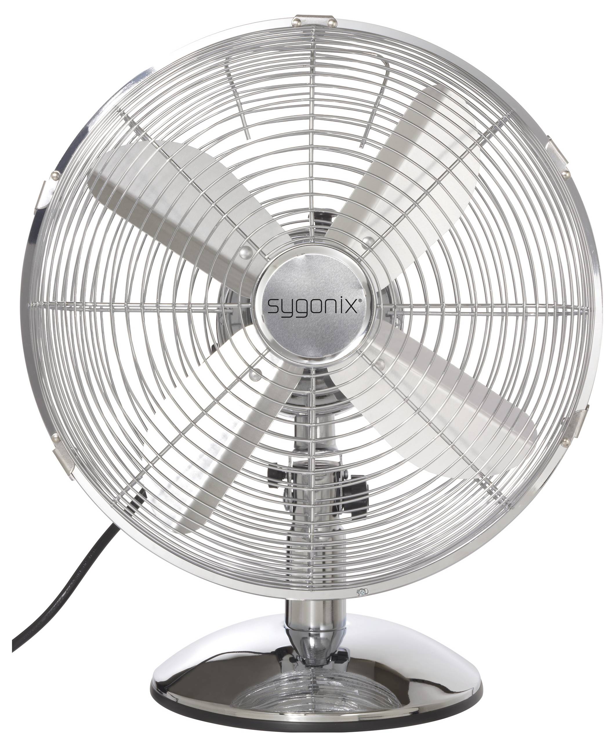 Een zilveren oscillerende bureauventilator met een ronde metalen rooster, drie zichtbare bladen, en het 'sygonix' logo in het midden aan de voorkant.