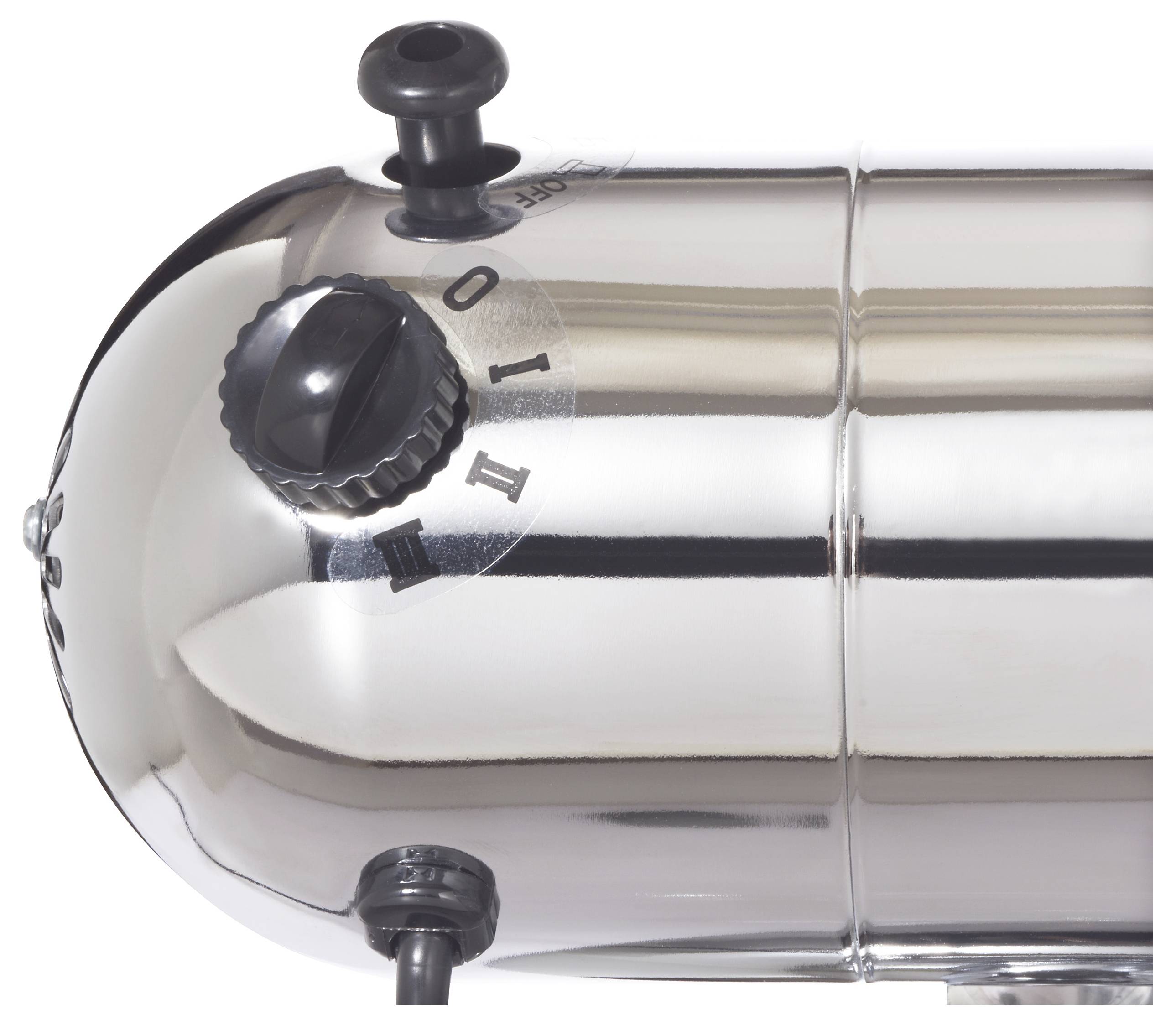 'Roestvrij stalen cilindrische apparaat met een zwarte knop en wijzerplaat met drie standen gemerkt O, I en II.'