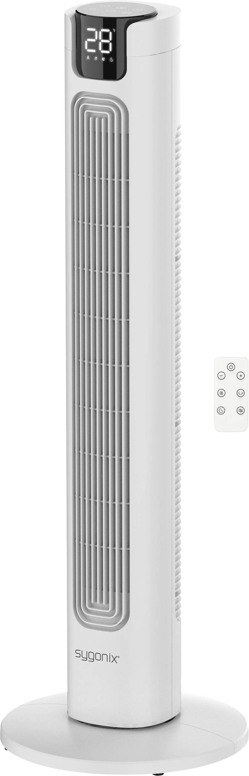 Een hoge, witte torenventilator met een digitaal scherm dat '28' weergeeft. Hij heeft een slank ontwerp en een afzonderlijke afstandsbediening in de buurt.