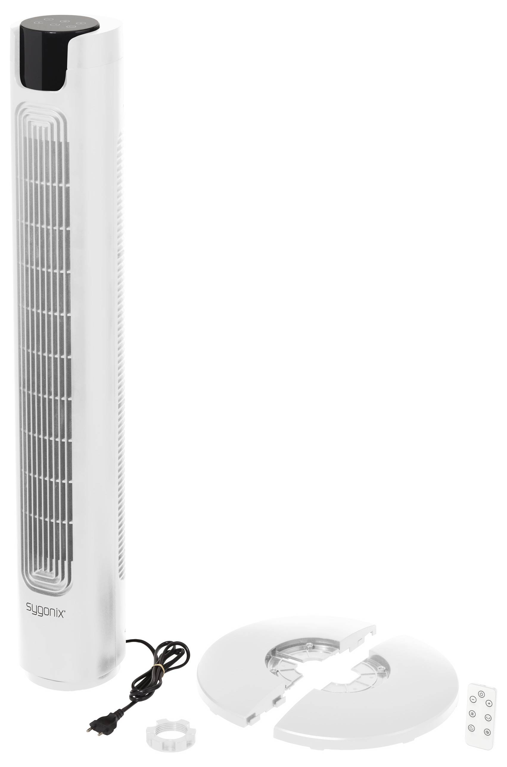 Hoge witte torenventilator met geperforeerde voorkant, naast een gedemonteerde ronde voet, stroomkabel en afstandsbediening met verschillende knoppen.