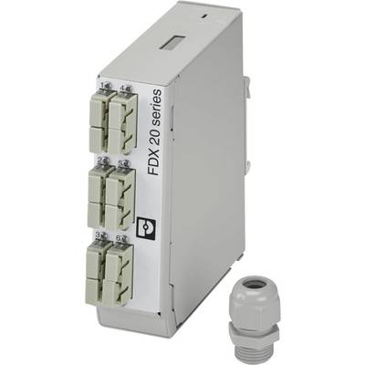 Industriële elektronische module gelabeld als 'FDX 20 serie' met zes aansluitingen op de voorkant; een extra kabelwartel wordt naast de module getoond.