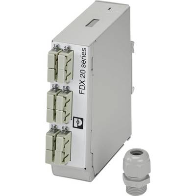 Een grijze FDX 20 Series vezeloptische module en kabelwartel. De module heeft gelabelde invoerpoorten aan de linkerzijde voor netwerkconnectiviteit.