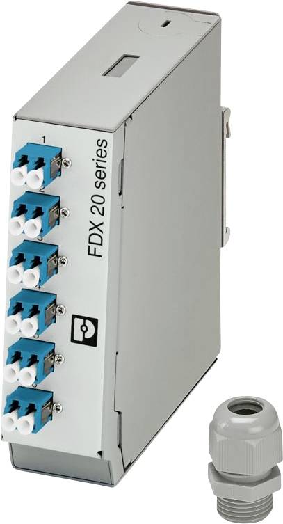 Glasvezel patchpaneel gelabeld als 'FDX 20 Serie' met meerdere poorten voor kabelaansluitingen, vergezeld van een grijze connector.