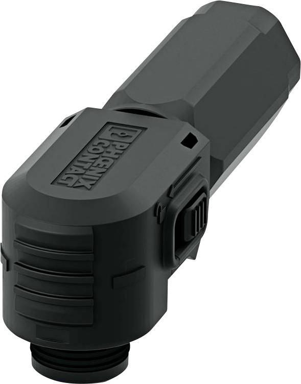 Een zwarte industriële connector met een robuust ontwerp en de naam 'Phoenix Contact' er in reliëf op aangebracht, gebruikt voor betrouwbare elektrische verbindingen.