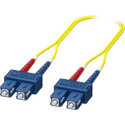 Een paar blauwe vezeloptische aansluitingen met gele kabels, gebruikt voor hoogsnelle gegevensoverdracht in netwerken en telecommunicatie.
