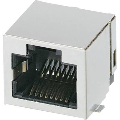 Een metalen RJ45 Ethernet-poortconnector, gebruikt voor netwerkkabelverbindingen.