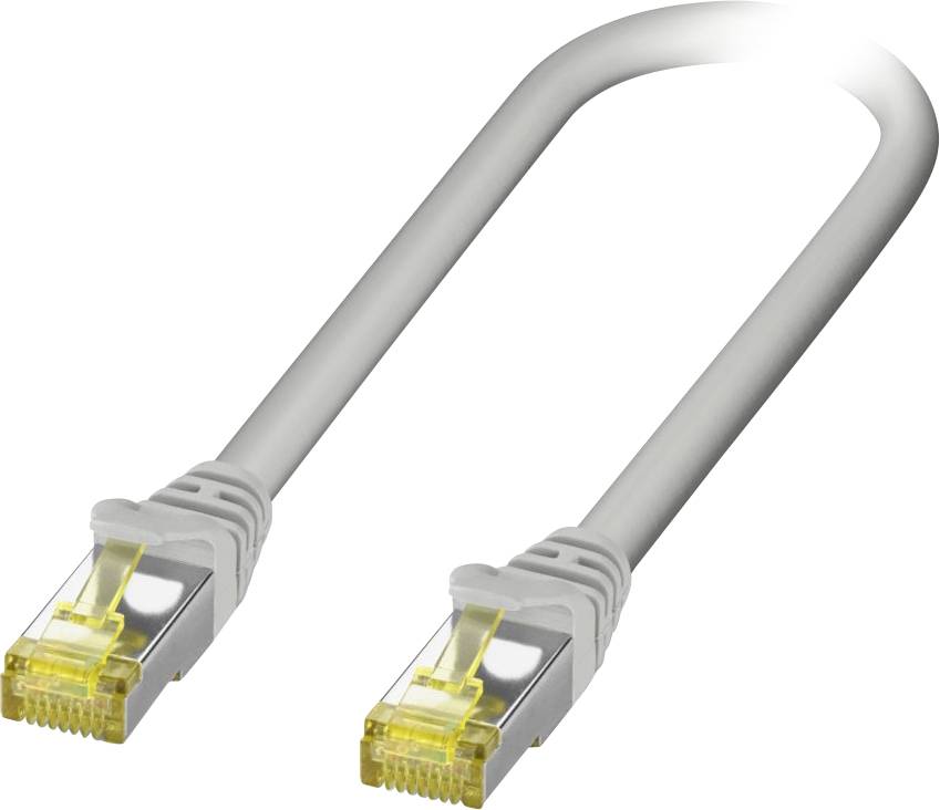 Een grijze Ethernet-kabel met gele connectoren aan de uiteinden wordt getoond, waarbij een netwerkverbindingscomponent wordt geïllustreerd.