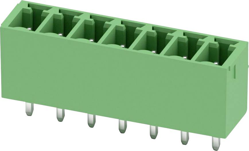 Een groene rechthoekige elektrische connector met negen metalen pennen die onderaan zijn uitgelijnd voor verbindingsdoeleinden.