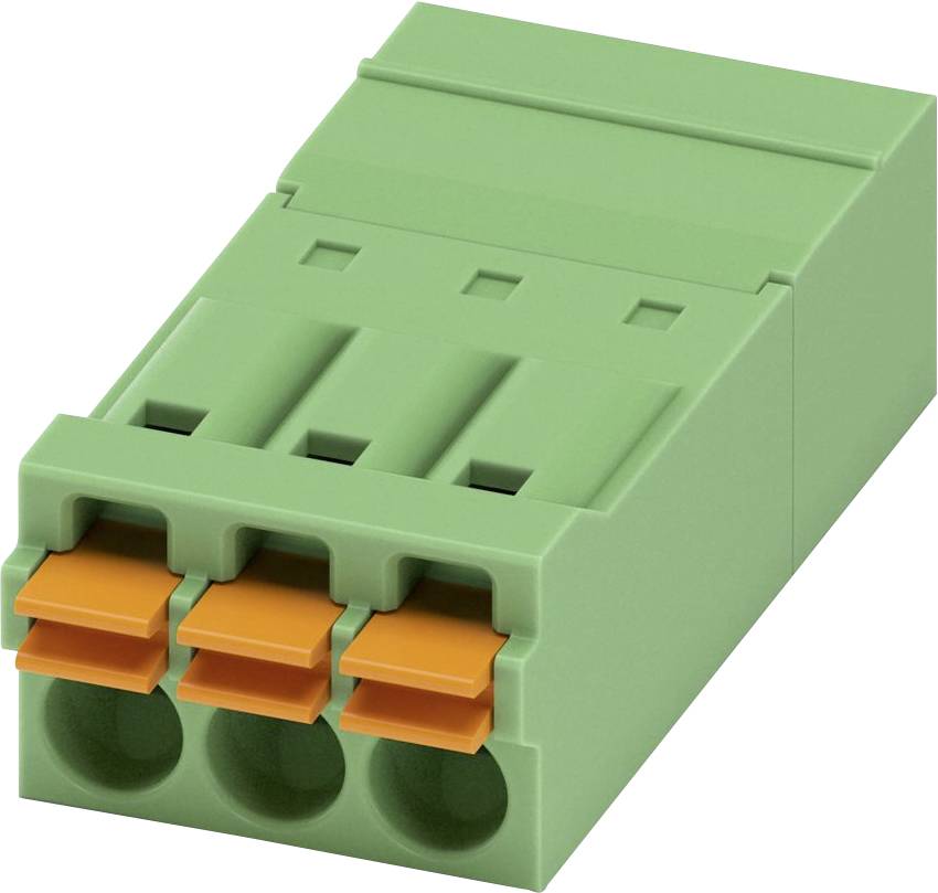 Een groene elektrische aansluitklem met drie polen en oranje hefbomen, gebruikt voor het verbinden van draden in elektrische circuits.