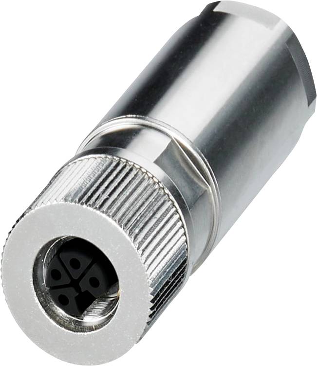 Een metalen connector met een cilindrische vorm en een gegroefde grip. Het open uiteinde vertoont vier pinsleuven gerangschikt in een vierkant patroon.