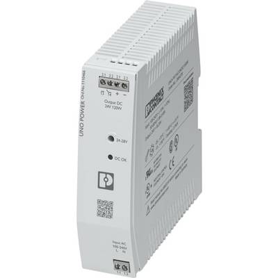 Een grijze Phoenix Contact UNO voeding, model 100-240V, met uitgang DC 24V/120W, met voedingsindicatoren en aansluitklemmen.