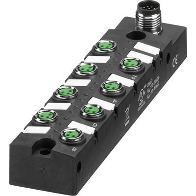 'Zwarte sensoractuatormodule met acht groene poorten, gebruikt in industriële automatisering voor het aansluiten van sensoren en actuatoren.'