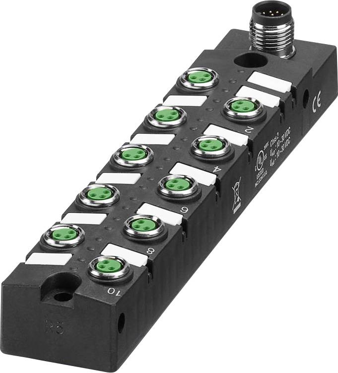 'Zwarte industriële connectorbalk met genummerde groene aansluitingen en een metalen ronde connector bovenop, gebruikt voor elektronische interfacing.'
