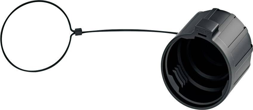 Een zwarte kunststof beschermkap met een bijbehorende lus, ontworpen om aansluitingen of fittingen af te dekken en te beveiligen, waardoor deze schoon en onbeschadigd blijven.