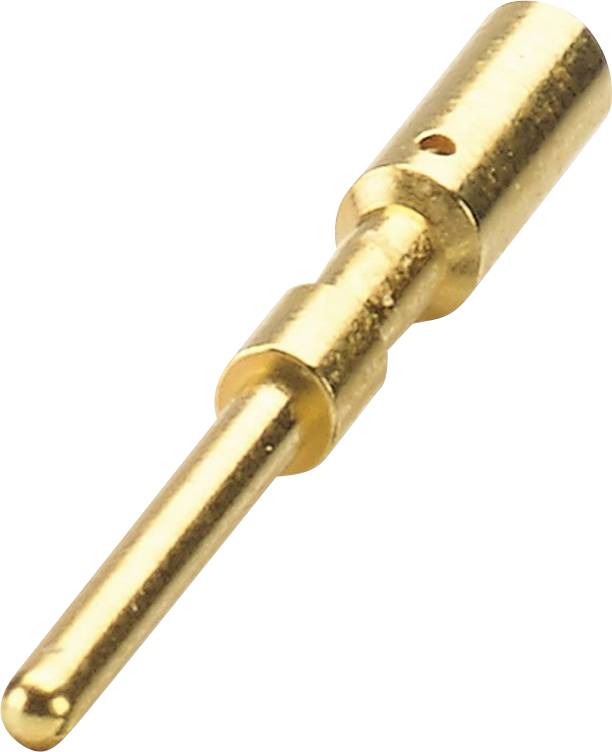 Een gouden, cilindrische pinconnector met een afgeronde punt en twee cirkelvormige inkepingen rust tegen een effen witte achtergrond.
