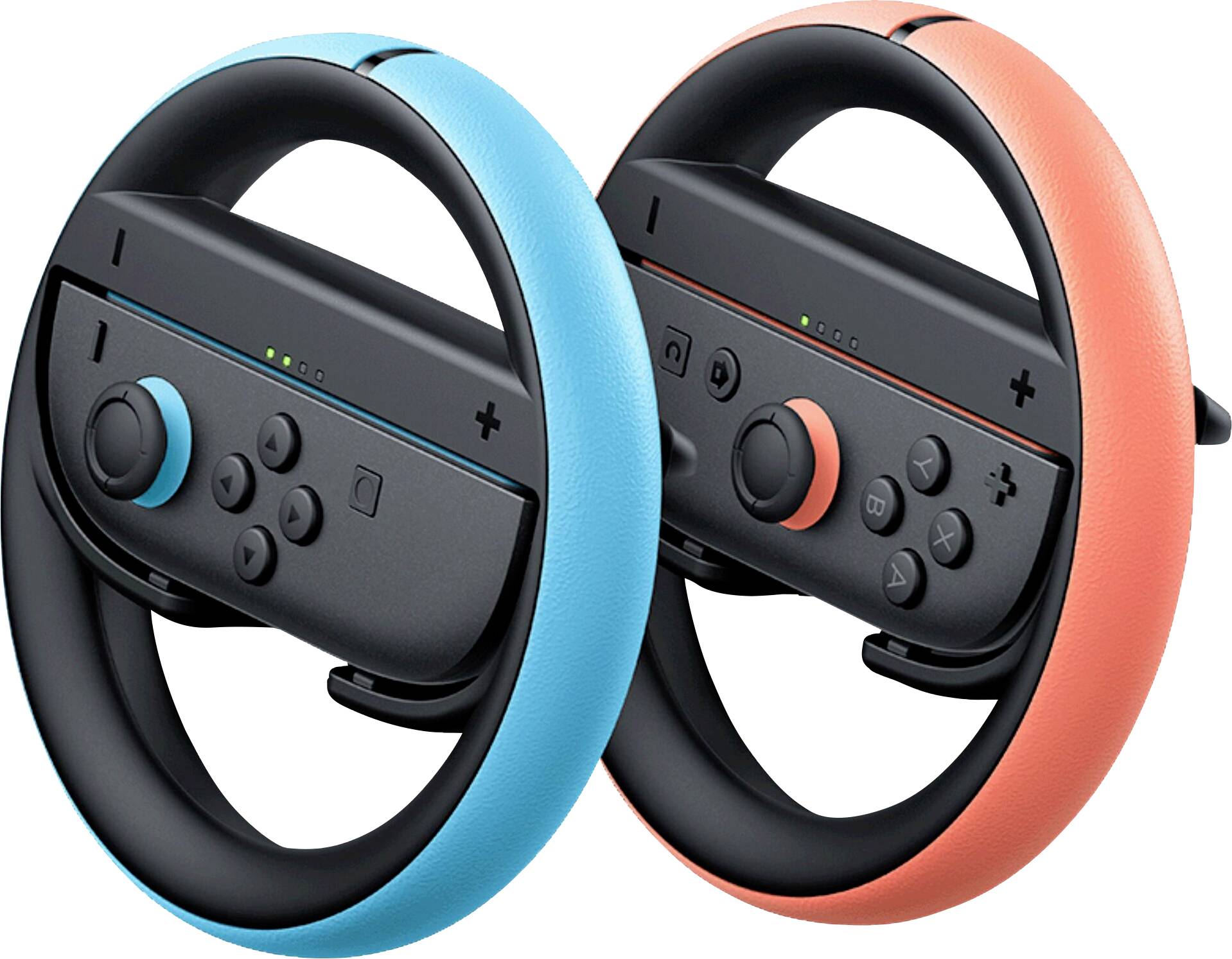 Twee zwarte en gekleurde stuurwielcontrollers voor een gameconsole, elk met bijbehorende joy-con controllers in blauw en rood.