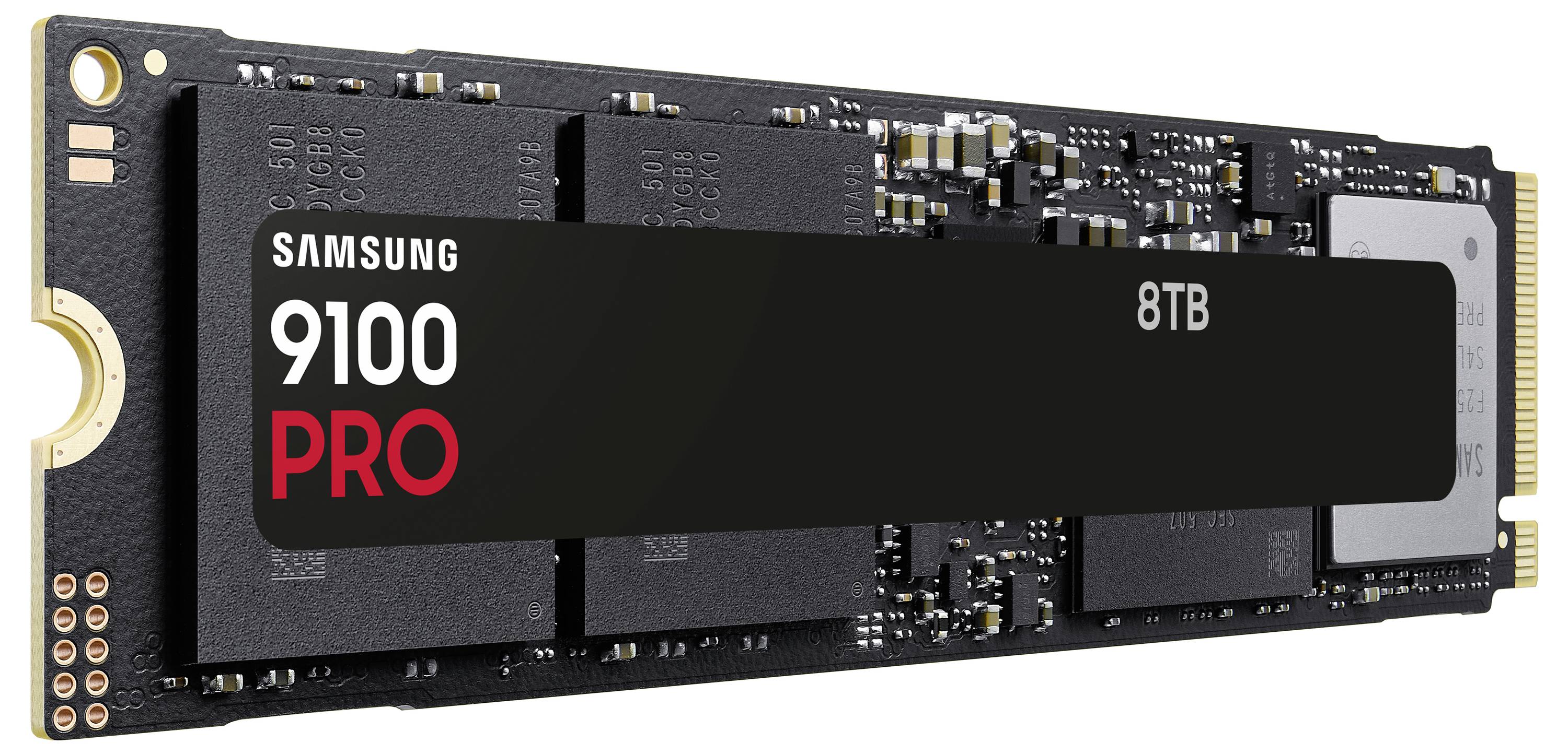 Een zwarte Samsung 9100 PRO SSD met 8TB capaciteit, waarop elektronica en aansluitingen zichtbaar zijn, ontworpen voor high-speed gegevensopslag.