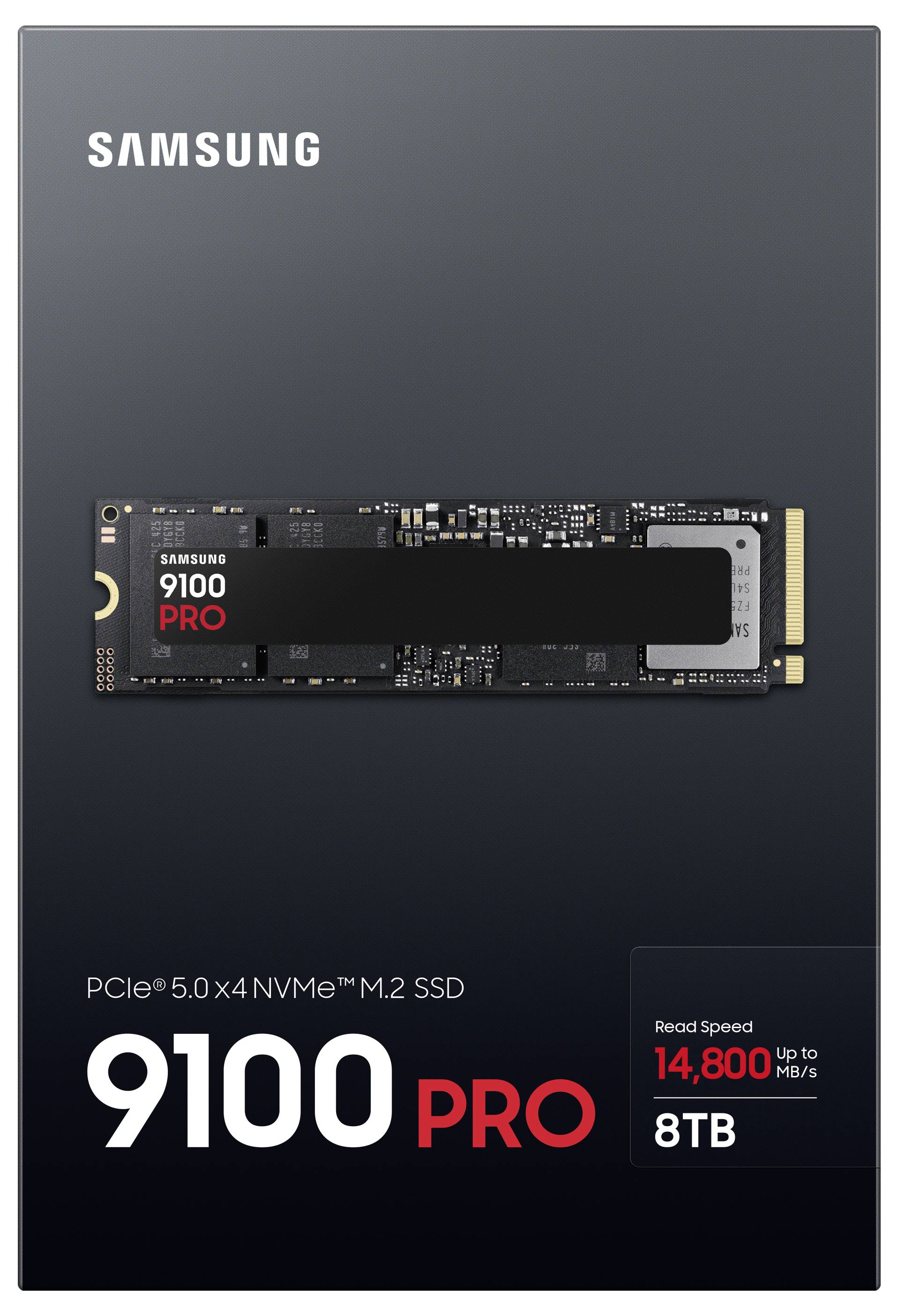 'Samsung 9100 PRO PCIe 5.0 x4 NVMe M.2 SSD, leessnelheid tot 14.800 MB/s, 8TB capaciteit.'