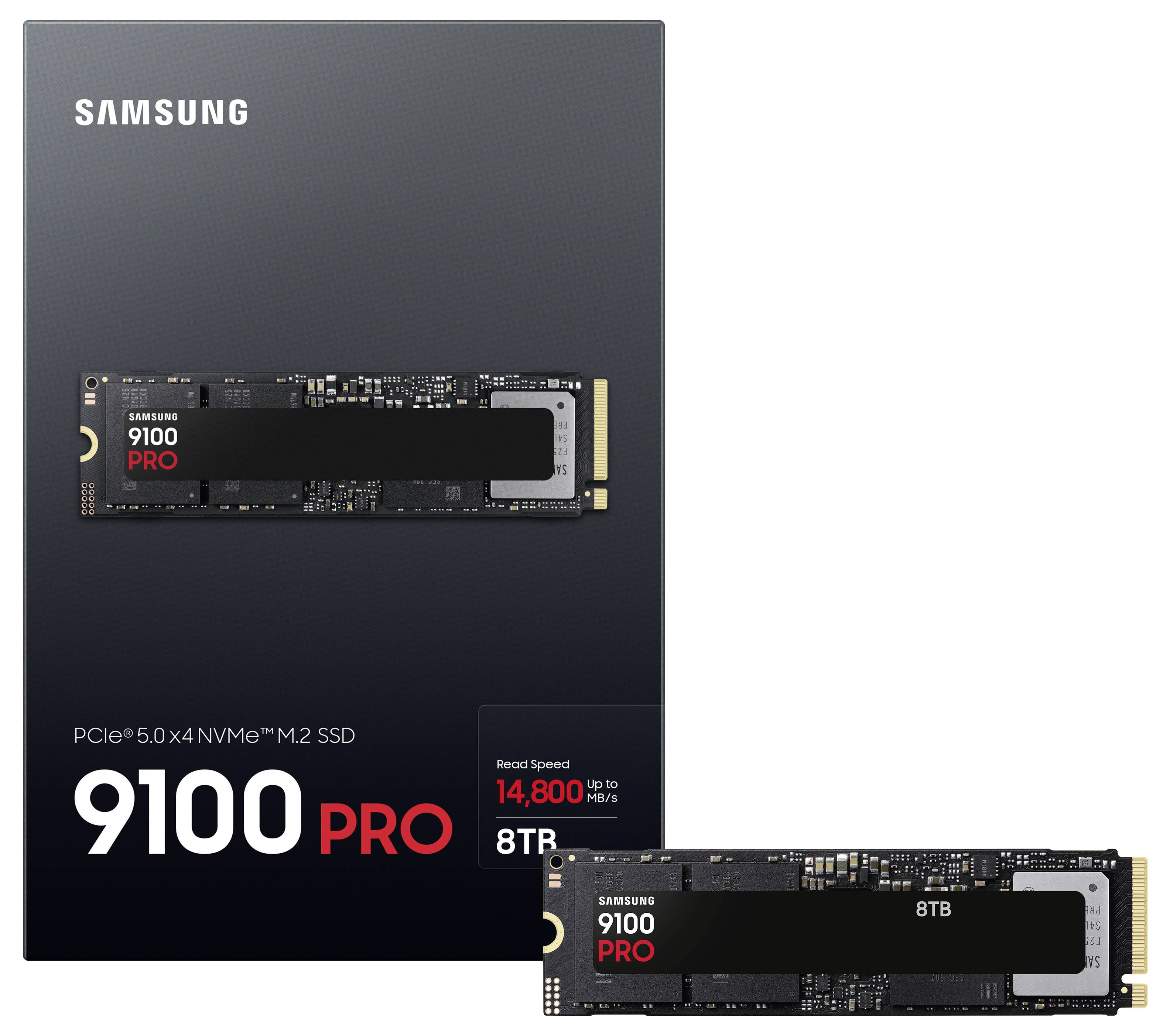 De afbeelding toont de Samsung 9100 PRO 8TB PCIe 5.0 x4 NVMe M.2 SSD met een leessnelheid tot 14.800 MB/s. Zowel de verpakking als de SSD worden weergegeven.