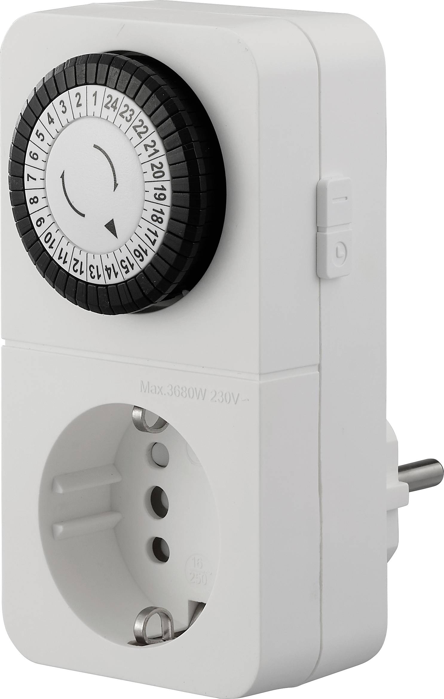Witte insteekbare mechanische timeradapter met genummerde schijf en enkel stopcontact.