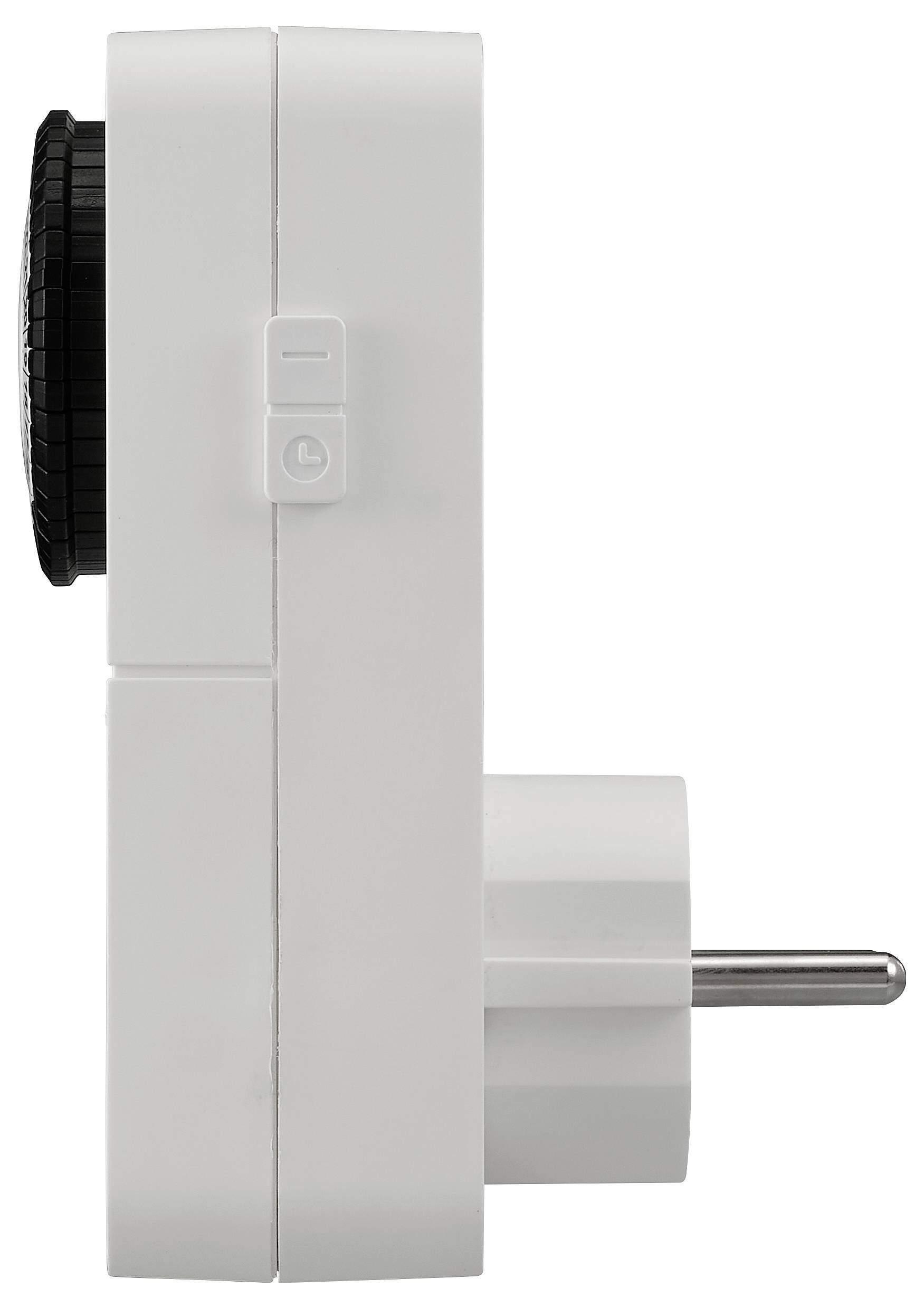 Zijaanzicht van een witte elektrische stekkeradapter of timereenheid met een zwarte schijf aan het ene uiteinde en metalen pennen aan het andere uiteinde.