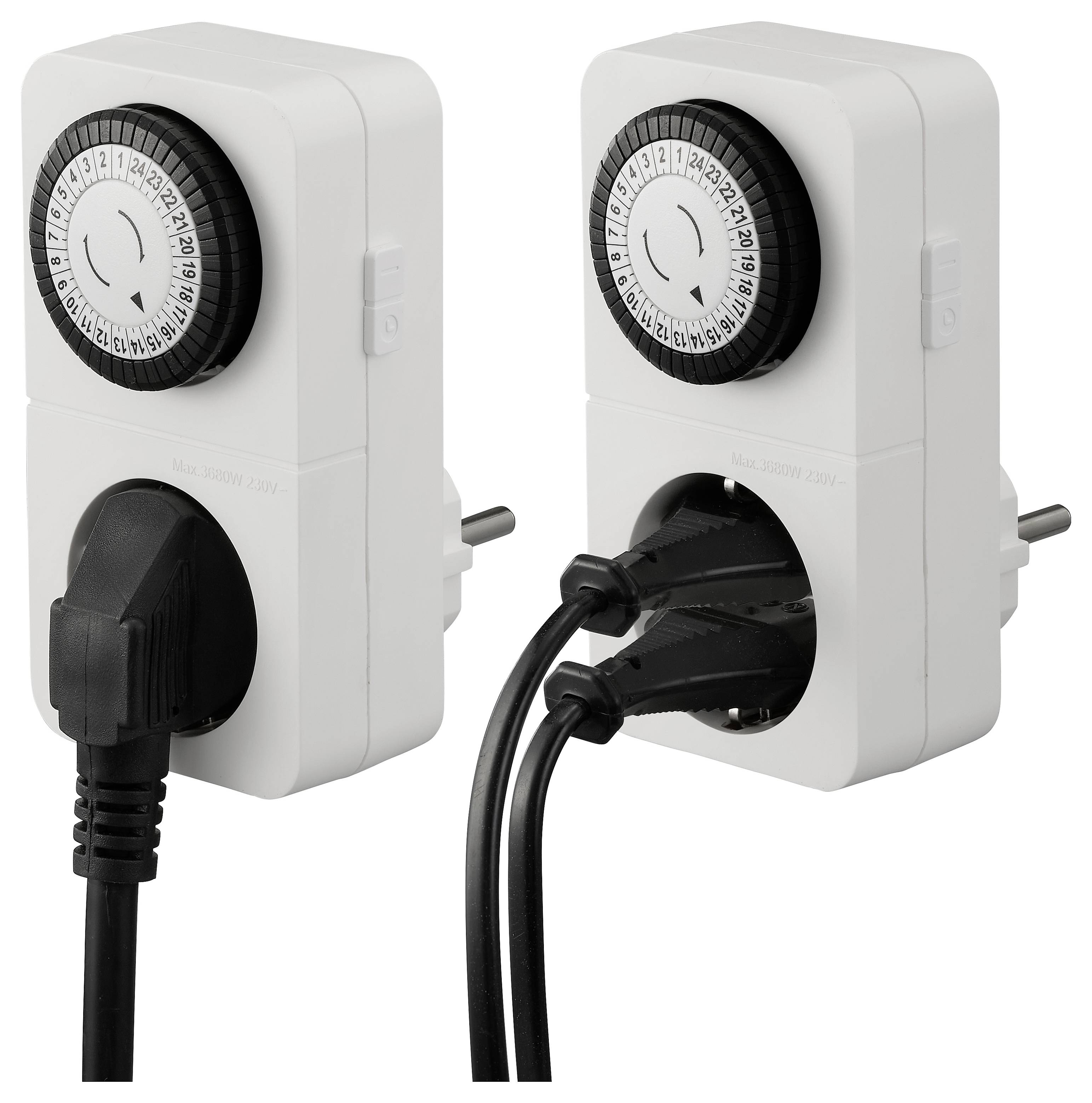 Twee instelbare mechanische timeruitgangen, een met een enkele kabel aangesloten en de ander met twee kabels, gebruikt om de stroomtoevoer volgens een schema in te schakelen.