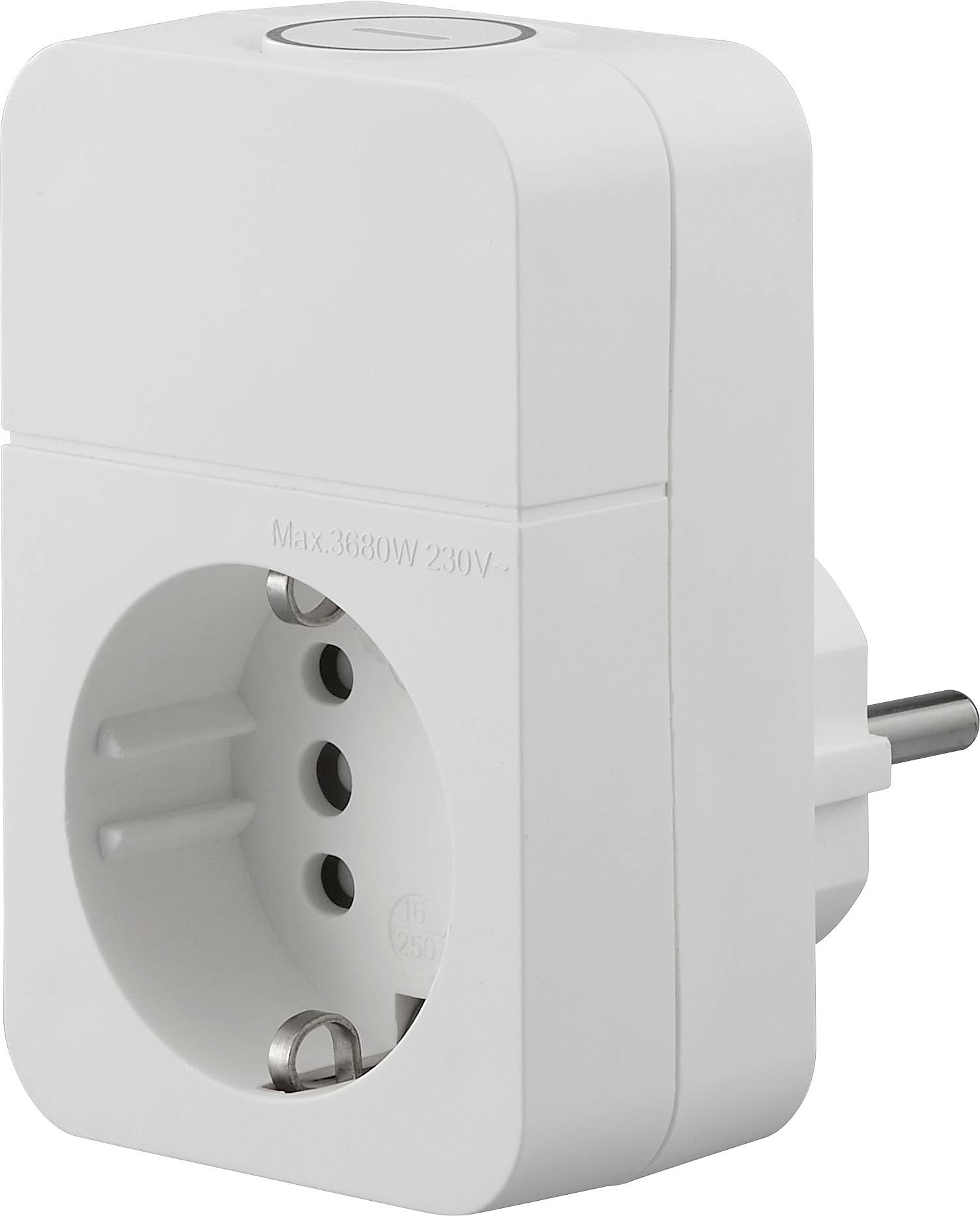Witte insteekbare stroomadapter met rond stopcontact en tweepolige wandstekker, gelabeld max 3680W 230V.