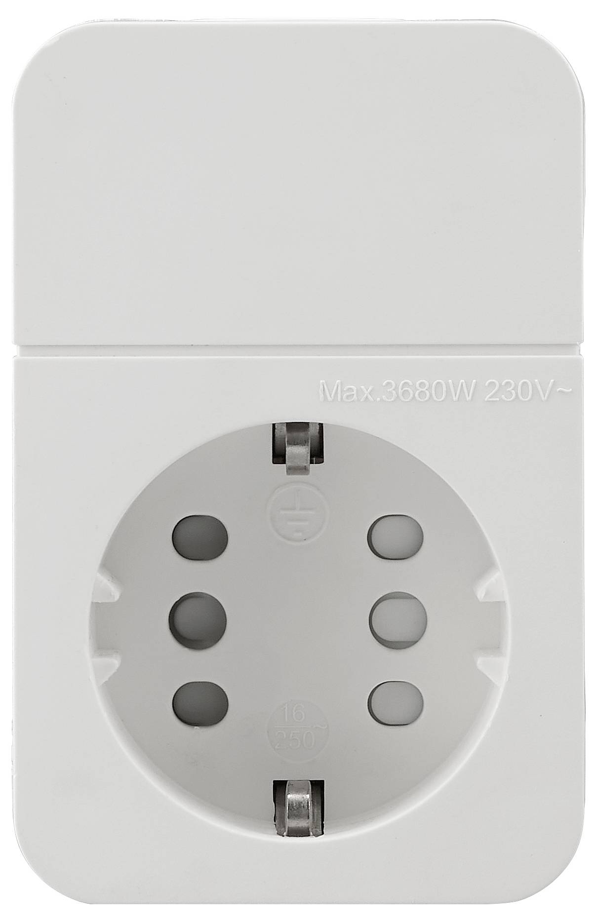 Witte elektrische wandstopcontact adapter met één rond stopcontact en ingepergd 'Max 3680W 230V~' vermogensetiket.